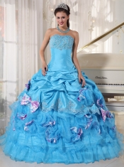 Strapless Aqua Blue Ball Gown Floor-length Organza and Taffeta Appliques Quinceanera Dress