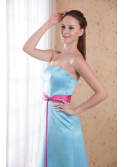 Aqua Blue Empire Strapless Brush Train Satin Sash Prom   Dress