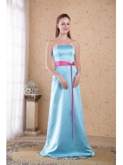 Aqua Blue Empire Strapless Brush Train Satin Sash Prom   Dress
