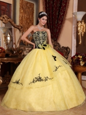 Yellow Ball Gown Strapless Floor-length Organza Embroidery Quinceanera Dress