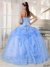 Elegant Baby Blue Ball Gown Strapless Floor-length Organza Beading Quinceanera Dress