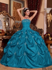 Classical Teal Ball Gown Strapless With Taffeta Appliques For Quinceanera Dress