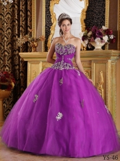 Elegant Fuchsia Ball Gown Sweetheart With Appliques Tulle Classical Quinceanera Dresses