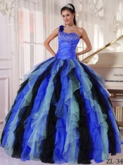 Multi-colored Ball Gown One Shoulder With Organza Beading and Ruffles Classical Quinceanera Dresses