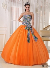 Perfect Orange Ball Gown Strapless With Tulle and Printing Sequins For Classical Quinceanera Dresses