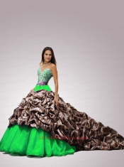 2014 Sweetheart Chapel Train Quinceanera Dresses with Beading and Pick-ups