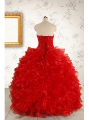 Pretty Ball Gown Sweetheart 2015 Red Quinceanera Dresses with Beading