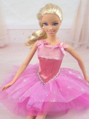 Cute Rose Pink Straps Beaded Decorate Party Dress For Barbie Doll
