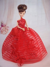 Hand Made Flowers Red Ball Gown Party Clothes Barbie Doll Dress
