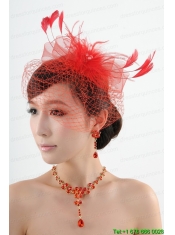 Red Crystal Wedding Jewelry Set With Necklace and Feather Headpiece