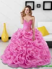 2015 Gorgeous Beading and Rolling Flowers Rose Pink Sweet 15 Dresses