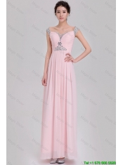 Elegant Empire Off The Shoulder Cap Sleeves Pink Prom Dresses with Beading