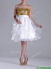 Classical Organza Sequined and Ruffled  Dama Dress in White and Gold