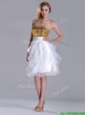 Classical Organza Sequined and Ruffled  Dama Dress in White and Gold
