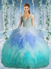Rainbow Deep V Neck Cap Sleeves Quinceanera Dress with Beading and Ruffles