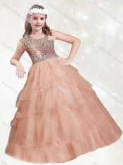 Adorable  Beaded and Ruffled Layers Little Girl Pageant Dress with Asymmetrical Neckline
