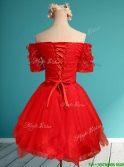 Comfortable Off the Shoulder Short Sleeves Red Dama Dresses with Appliques and Belt