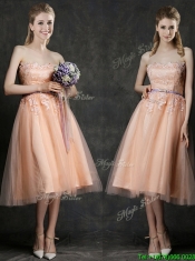 Hot Sale Strapless Peach Dama Dresses with Sashes and Lace