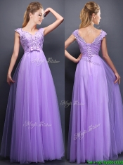 Lovely Beaded and Bowknot V Neck Dama Dresses in Lavender