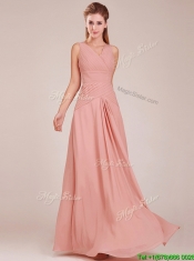 Modest Ruched Decorated Bodice Peach Dama Dresses with V Neck