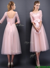 Most Popular Scoop Half Sleeves Baby Pink Dama Dresses with Bowknot