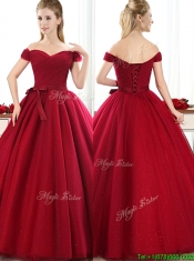 New Arrivals Off the Shoulder Wine Red Dama Dresses with Bowknot