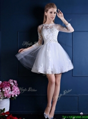 New See Through Scoop Three Fourth Length Sleeves Short Prom Dresses in White