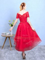 Perfect A-line Quinceanera Dama Dress Wine Red Off The Shoulder Organza Half Sleeves High Low Lace Up