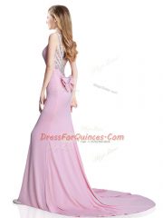 Fabulous Pink Prom Evening Gown Elastic Woven Satin Brush Train Sleeveless Beading and Bowknot