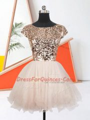 Inexpensive Scoop Short Sleeves Lace Up Prom Party Dress Peach Organza