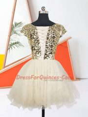 Inexpensive Scoop Short Sleeves Lace Up Prom Party Dress Peach Organza