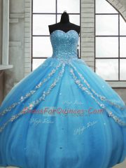Customized Baby Blue Tulle Lace Up Sweetheart Sleeveless Floor Length Quince Ball Gowns Beading and Appliques and Sequins