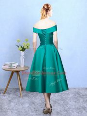 Edgy Tea Length Dark Green Quinceanera Court of Honor Dress Off The Shoulder Sleeveless Lace Up