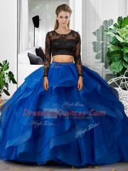 Flirting Scoop Long Sleeves 15th Birthday Dress Floor Length Lace and Ruffles Blue Tulle