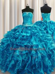 Teal Sleeveless Organza Lace Up Quinceanera Dresses for Military Ball and Sweet 16 and Quinceanera