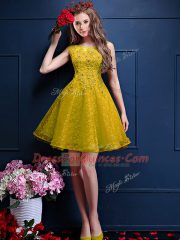 Yellow Tulle Lace Up Quinceanera Court of Honor Dress Sleeveless Knee Length Beading and Lace