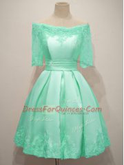 Turquoise Taffeta Lace Up Quinceanera Court of Honor Dress Half Sleeves Knee Length Lace
