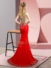 Ideal Red Side Zipper Scoop Beading and Appliques Prom Gown Elastic Woven Satin Sleeveless Brush Train