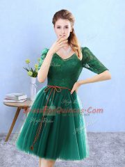 Green V-neck Backless Lace Court Dresses for Sweet 16 Half Sleeves