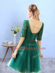 Green V-neck Backless Lace Court Dresses for Sweet 16 Half Sleeves