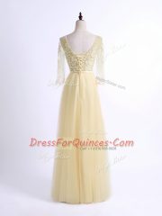 Custom Design Light Yellow V-neck Lace Up Lace Court Dresses for Sweet 16 Half Sleeves
