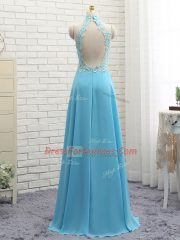 Trendy Baby Blue Backless Halter Top Appliques Prom Dresses Chiffon Sleeveless