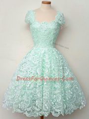 Sumptuous Cap Sleeves Lace Knee Length Lace Up Dama Dress in Apple Green with Lace