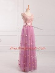 Elegant Floor Length Lilac Dama Dress for Quinceanera V-neck Sleeveless Lace Up