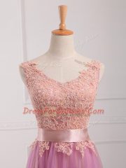 Elegant Floor Length Lilac Dama Dress for Quinceanera V-neck Sleeveless Lace Up
