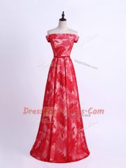 On Sale Floor Length Red Quinceanera Court of Honor Dress Off The Shoulder Sleeveless Lace Up