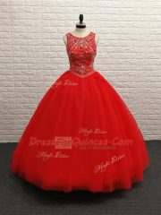 Affordable Zipper Vestidos de Quinceanera Red for Military Ball and Sweet 16 and Quinceanera with Beading Brush Train