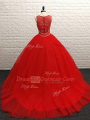 Affordable Zipper Vestidos de Quinceanera Red for Military Ball and Sweet 16 and Quinceanera with Beading Brush Train