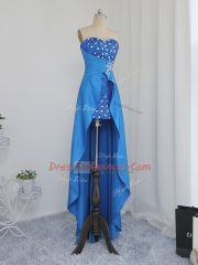 Comfortable Sweetheart Sleeveless Zipper Prom Dresses Blue Elastic Woven Satin