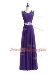 Unique Lavender Empire Chiffon V-neck Sleeveless Beading and Lace Floor Length Zipper Dama Dress for Quinceanera